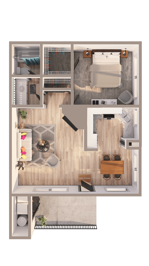 Floor plan for 1 bed, 1 bath, 714 sqft